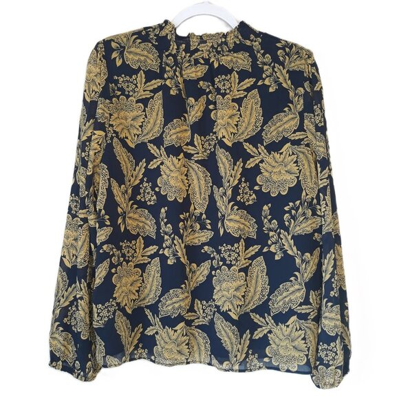 J. Crew Factory Floral Blue Gold Ruffle Neck Long Sleeves Blouse Top XL - Picture 4 of 7